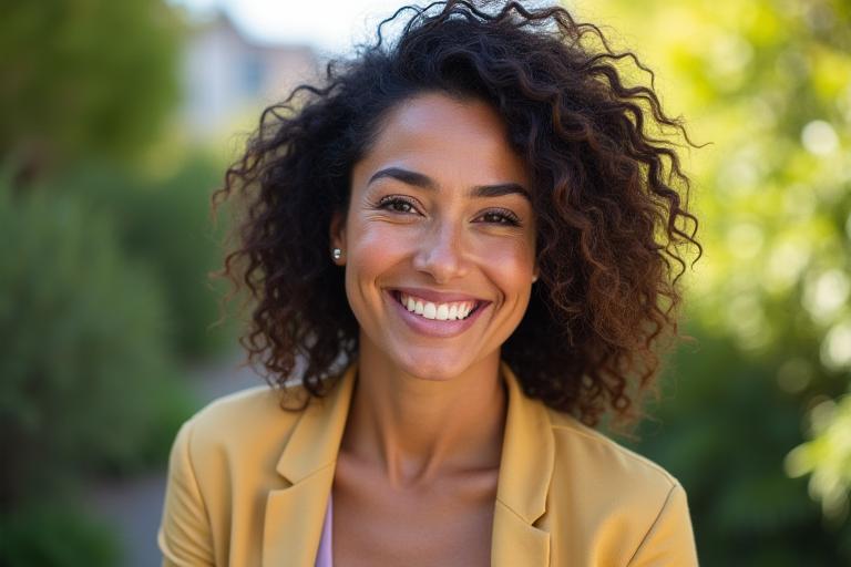 Portrait of Maria, a vibrant woman in her late 40s, smiling confidently, representing a community success story.