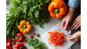 Colorful, healthy meal being prepared in a modern kitchen, representing nutrition and cooking discussions.