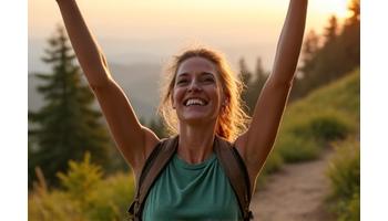 Illustration of a person celebrating a milestone, representing success stories and achievements in a Portland wellness forum.
