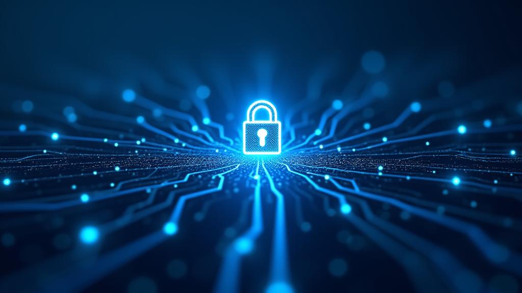 Abstract cyber security illustration with padlock and data flow, representing encryption.