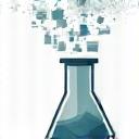 Illustration of anonymized data blocks flowing into a research flask, depicting collaborative research without identifiable data.