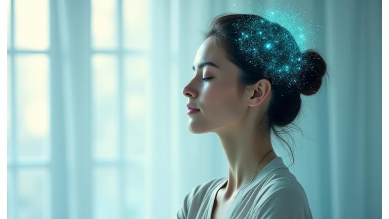 Woman focusing on meditation with glowing brain area, illustrating mental clarity and wellness.