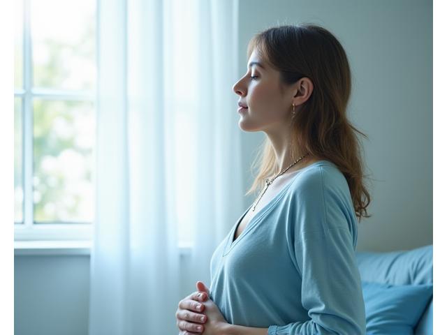 Person practicing deep breathing with soft light and geometric patterns