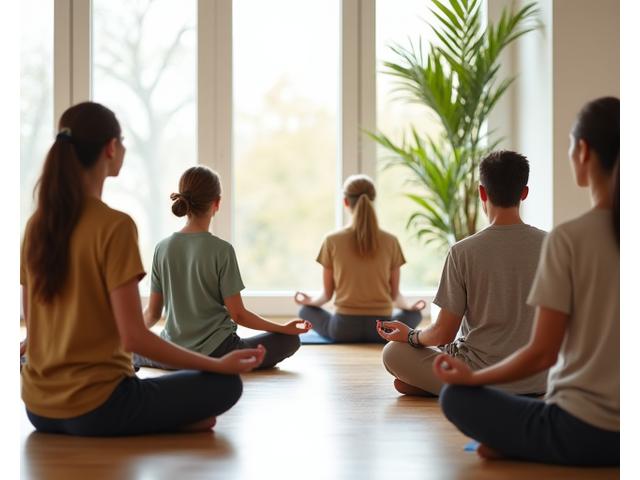 Diverse group meditating together in a serene, modern space