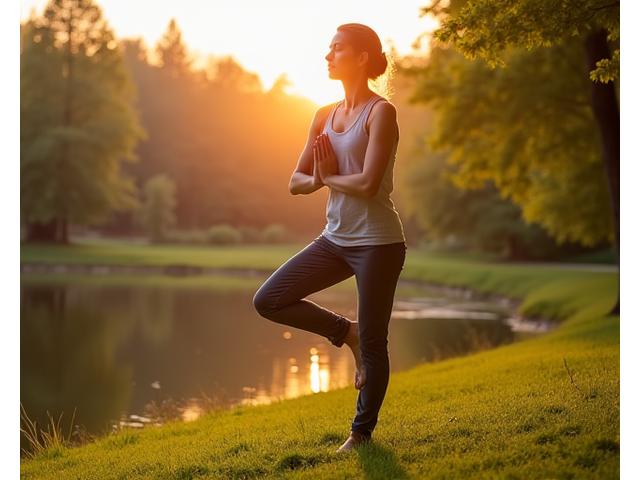 Person doing gentle yoga outdoors, in a serene, natural setting