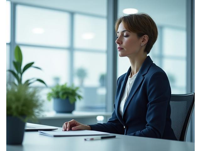 Professional in a modern office meditating calmly at their desk