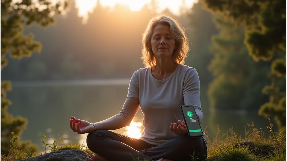 A person meditating in a serene outdoor setting, symbolic of accessible wellness, with a smartphone displaying offline content nearby.