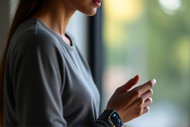 Person using a wearable tech device, measuring biometrics, representing biohacking.