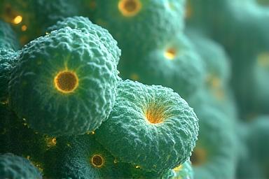 Microscopic view of healthy human cells, glowing with vitality.