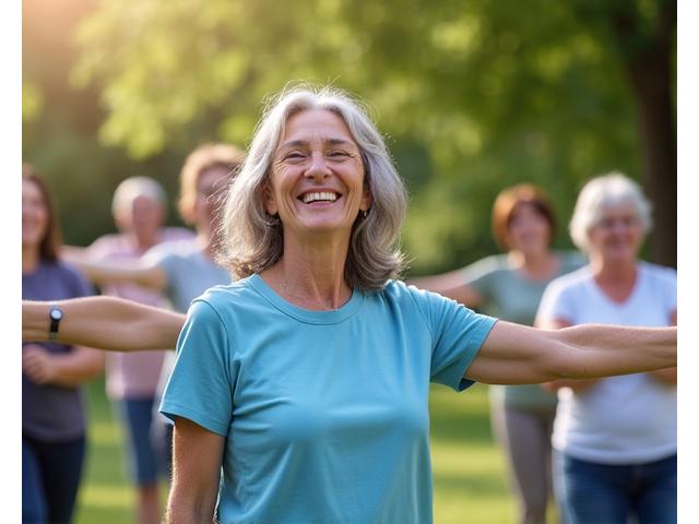 A diverse group of people participating in a wellness challenge, smiling and active.
